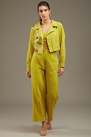 Mustard Yellow Crush Cotton Embroidered Jacket Set by Anuj Bhutani