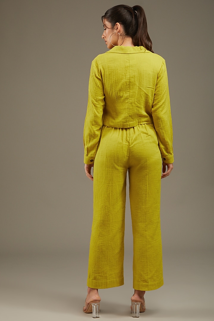 Mustard Yellow Crush Cotton Embroidered Jacket Set by Anuj Bhutani at Pernia's Pop Up Shop