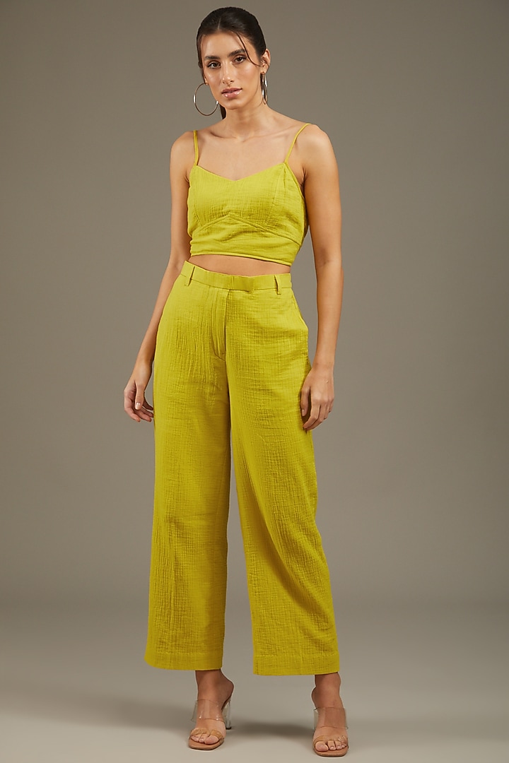 Mustard Yellow Crush Cotton Embroidered Jacket Set by Anuj Bhutani at Pernia's Pop Up Shop