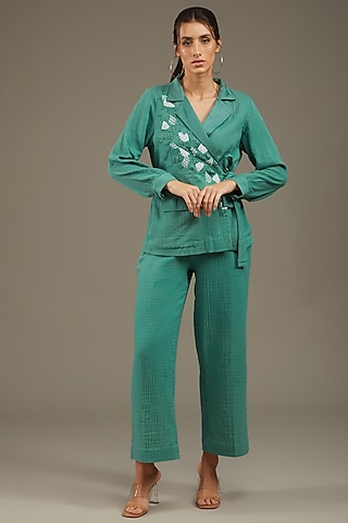 Sea Green Crush Cotton Embroidered Blazer Set by Anuj Bhutani