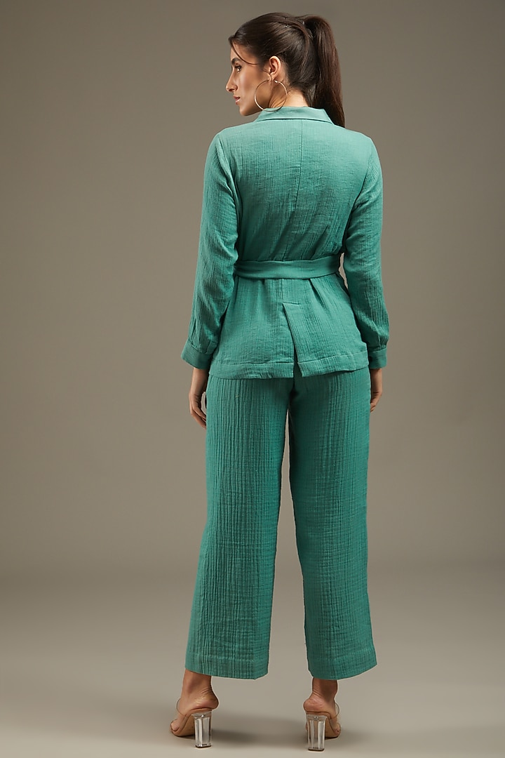 Sea Green Crush Cotton Embroidered Blazer Set by Anuj Bhutani at Pernia's Pop Up Shop