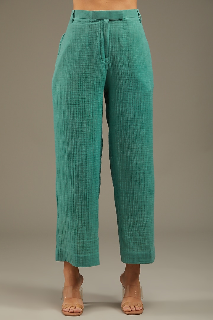 Sea Green Crush Cotton Embroidered Blazer Set by Anuj Bhutani at Pernia's Pop Up Shop