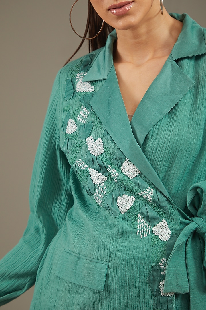 Sea Green Crush Cotton Embroidered Blazer Set by Anuj Bhutani at Pernia's Pop Up Shop