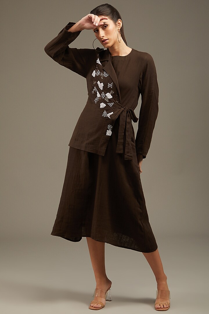 Brown Crush Cotton Embroidered Jacket Dress by Anuj Bhutani
