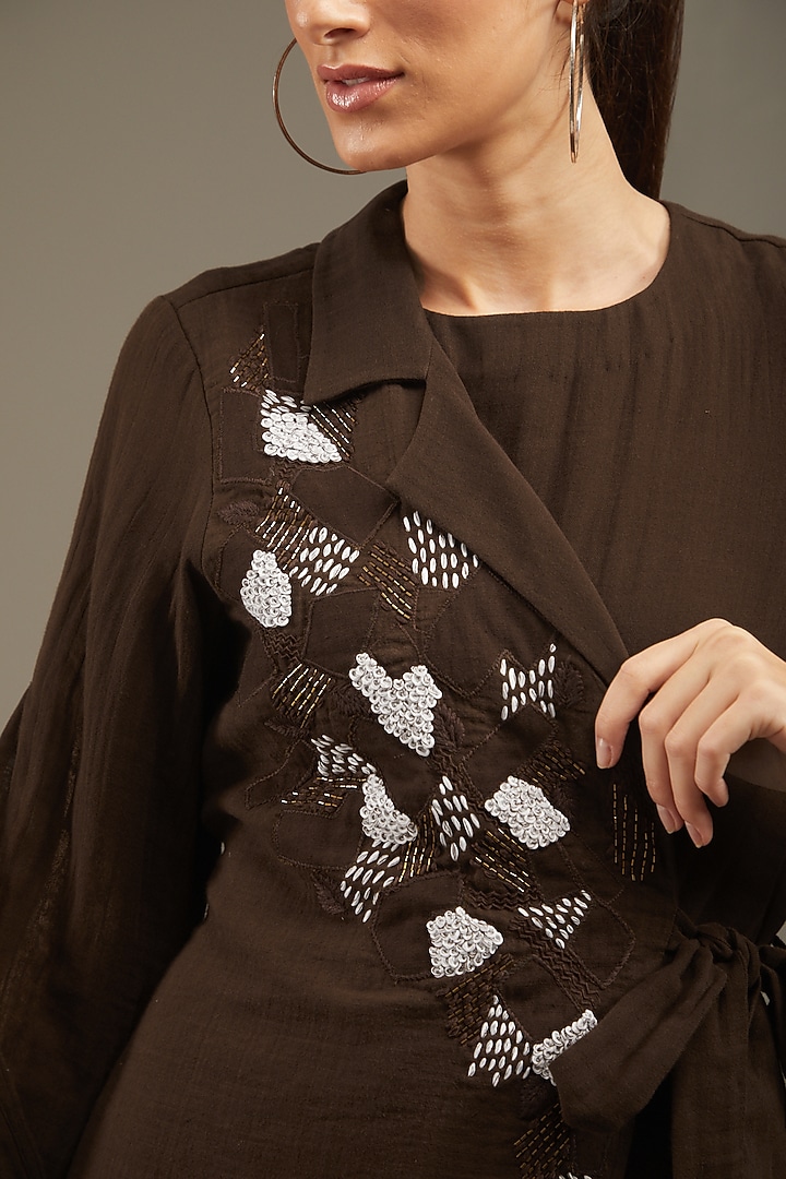 Brown Crush Cotton Embroidered Jacket Summer Dress by Anuj Bhutani at Pernia's Pop Up Shop