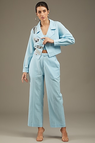 Light Blue Khadi Cotton Embroidered Jacket Set by Anuj Bhutani