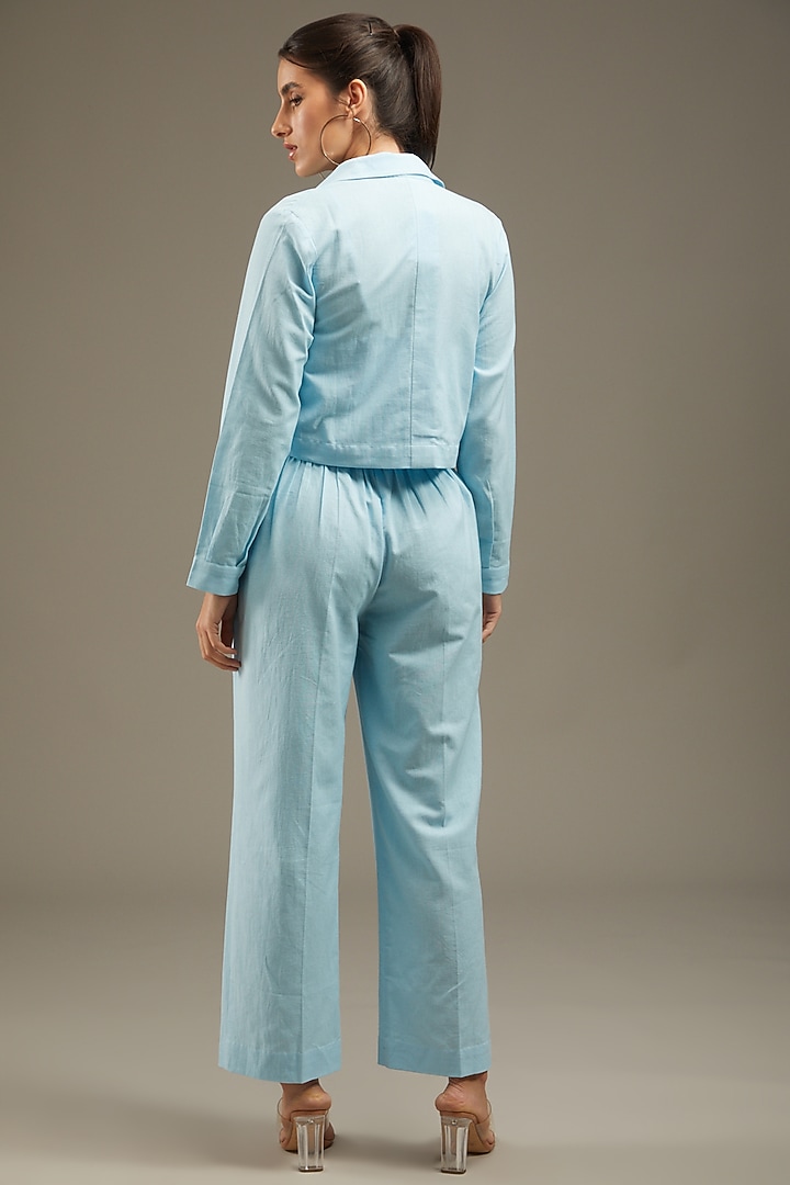 Light Blue Khadi Cotton Embroidered Jacket Set by Anuj Bhutani at Pernia's Pop Up Shop