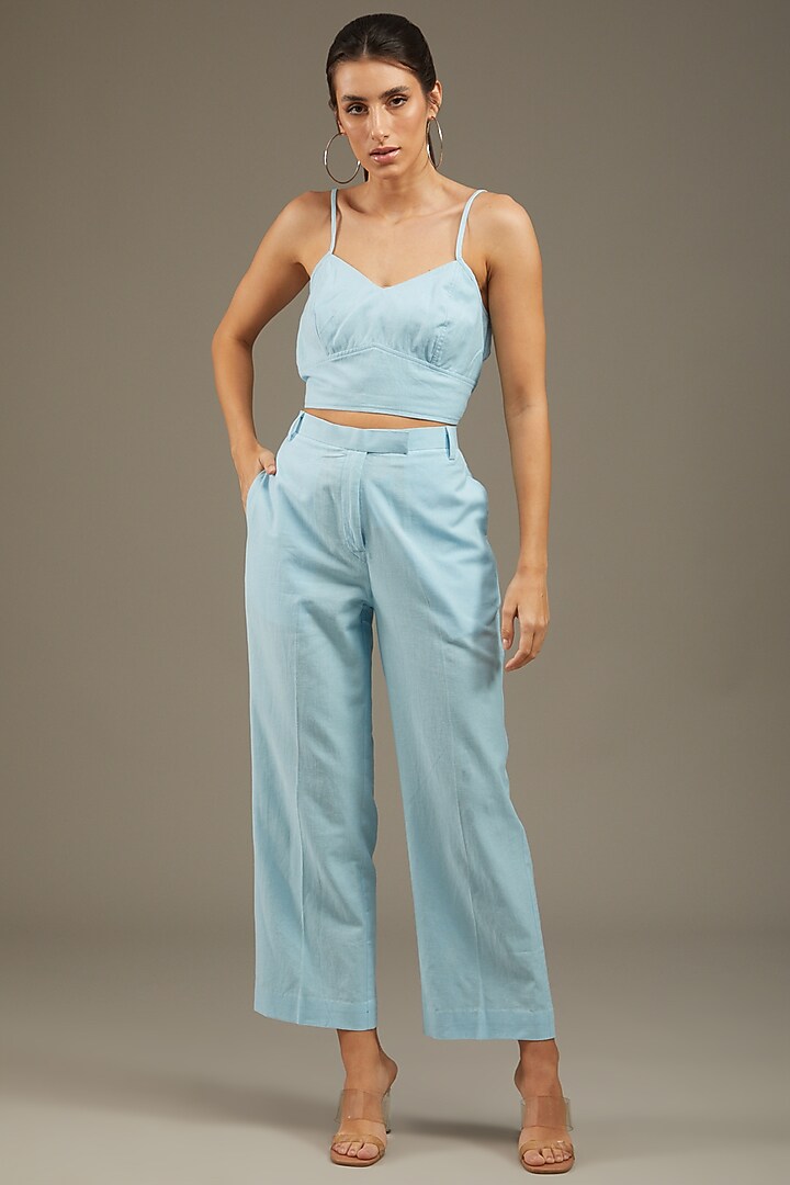 Light Blue Khadi Cotton Embroidered Jacket Set by Anuj Bhutani at Pernia's Pop Up Shop