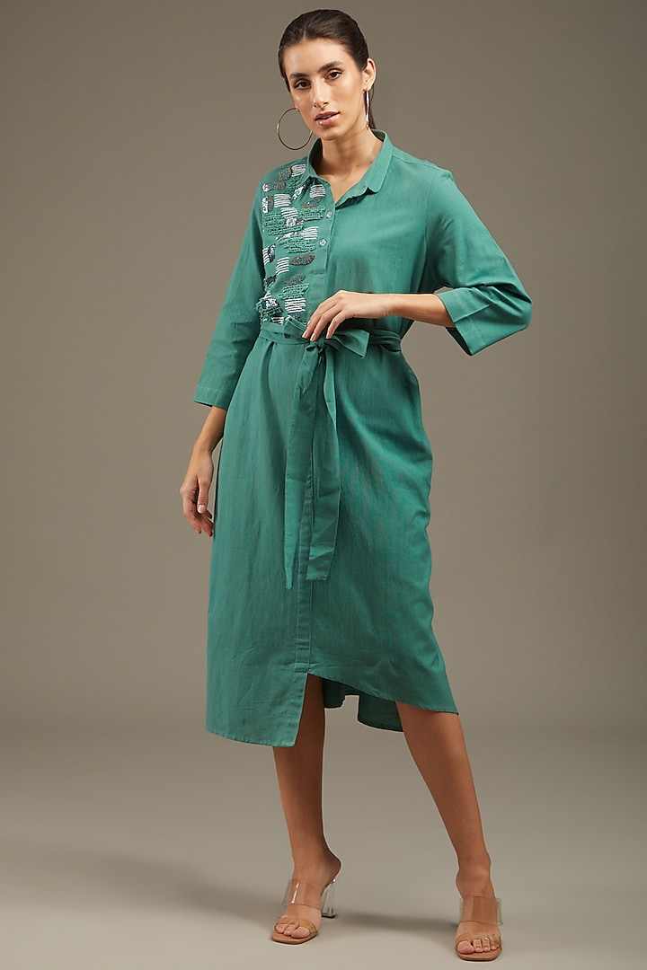 Sea Green Khadi Cotton Embroidered A-Line Dress by Anuj Bhutani