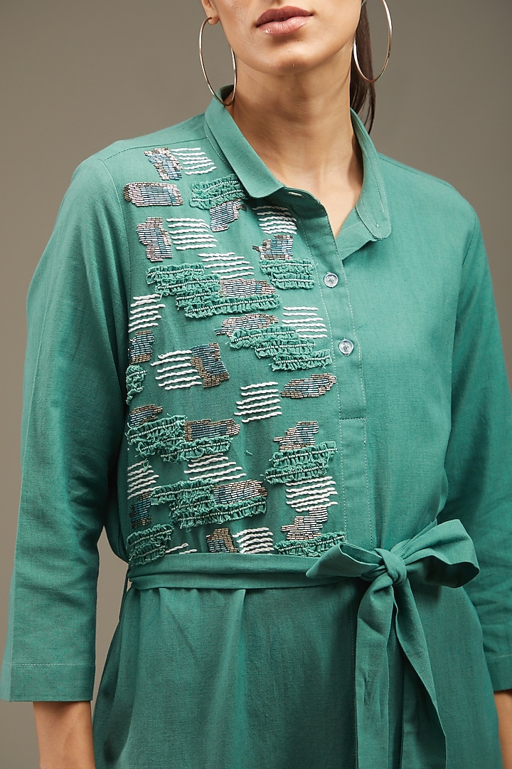 Sea Green Khadi Cotton Embroidered A-Line Summer Dress by Anuj Bhutani at Pernia's Pop Up Shop