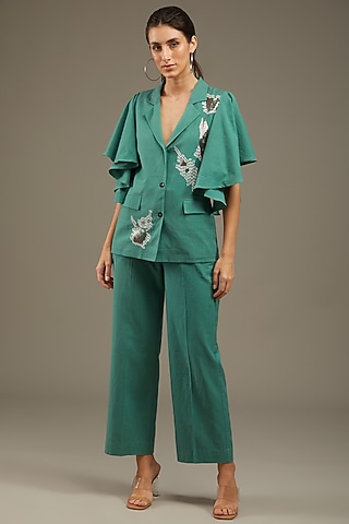 Sea Green Khadi Cotton Embroidered Blazer Set  by Anuj Bhutani