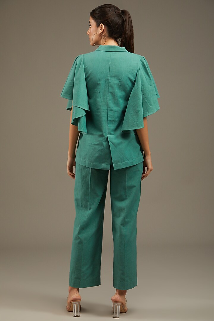Sea Green Khadi Cotton Embroidered Blazer Set by Anuj Bhutani at Pernia's Pop Up Shop