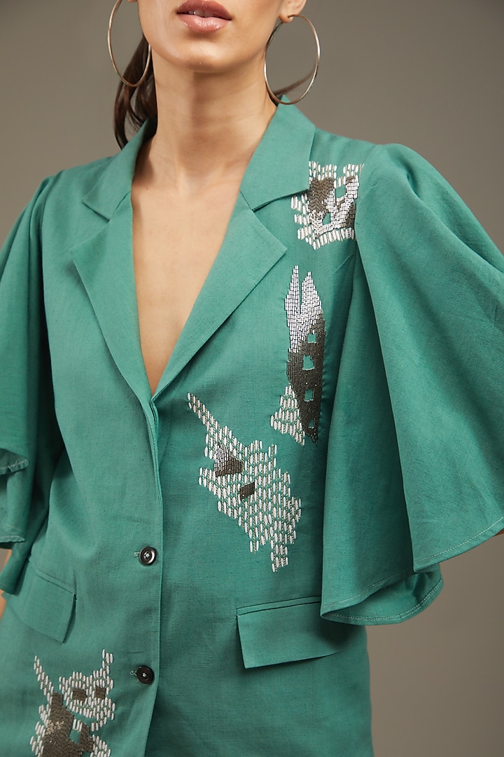 Sea Green Khadi Cotton Embroidered Blazer Set by Anuj Bhutani at Pernia's Pop Up Shop