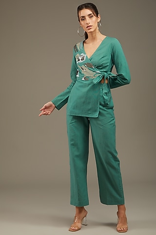 Sea Green Khadi Cotton Embroidered Co-Ord Set by Anuj Bhutani