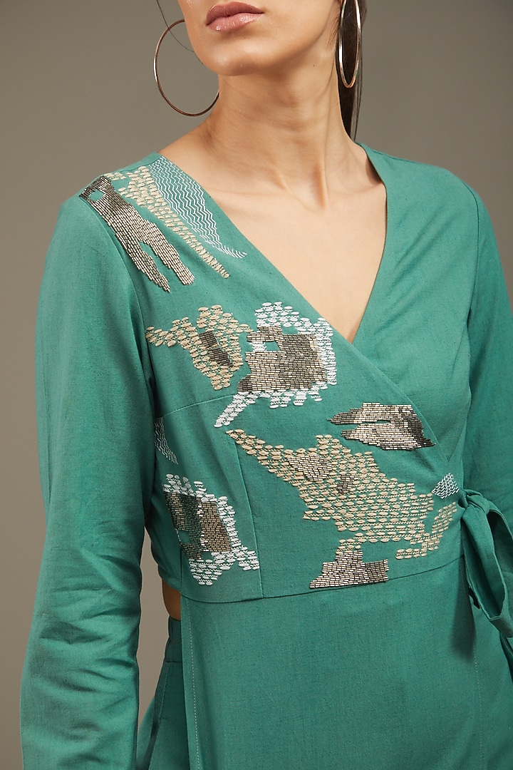 Sea Green Khadi Cotton Embroidered Co-Ord Set by Anuj Bhutani at Pernia's Pop Up Shop