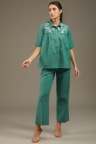 Sea Green Cotton Khadi Embroidered Co-Ord Set by Anuj Bhutani