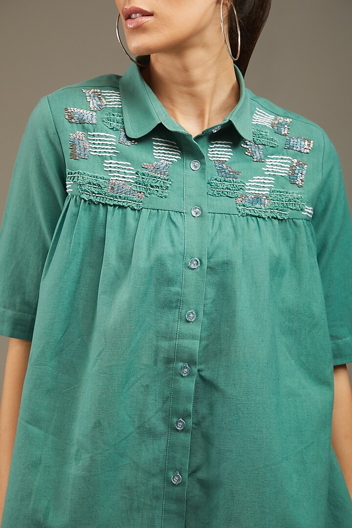 Sea Green Cotton Khadi Embroidered Co-Ord Set by Anuj Bhutani at Pernia's Pop Up Shop