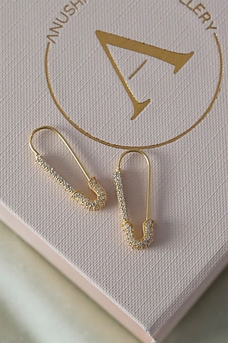 Gold Finish Zircon Safety Pin Dangler Earrings In Sterling Silver by Anushka Jain