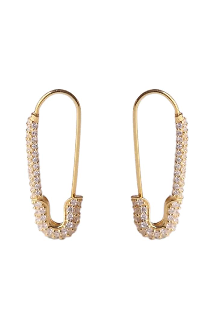 Gold Finish Zircon Safety Pin Dangler Earrings In Sterling Silver by Anushka Jain at Pernia's Pop Up Shop