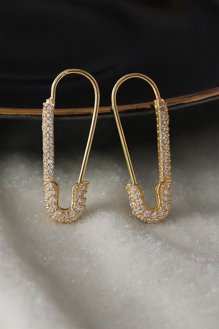 Gold Finish Zircon Safety Pin Dangler Earrings In Sterling Silver by Anushka Jain at Pernia's Pop Up Shop