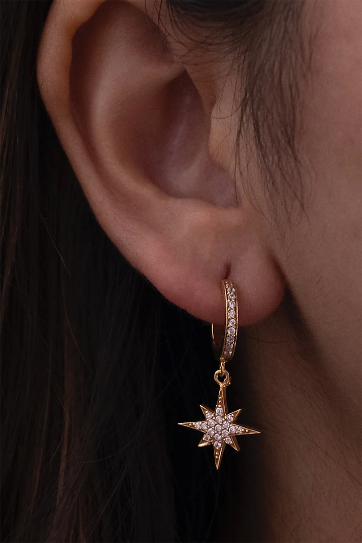 Gold Finish Zircon Dangler Earrings In Sterling Silver by Anushka Jain