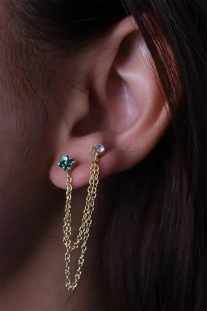 Gold Finish Zircon Chain Stud Earrings In Sterling Silver by Anushka Jain