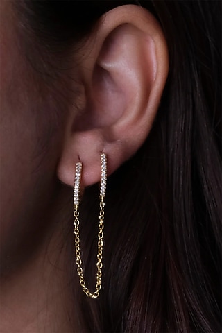 Gold Finish Zircon Hoop Earrings In Sterling Silver by Anushka Jain