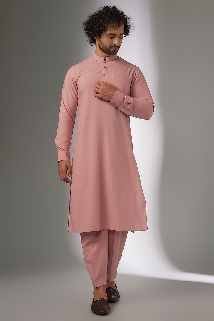 Peach Pink Fine Ruby Cotton Embroidered Kurta Set by AJAY KMR