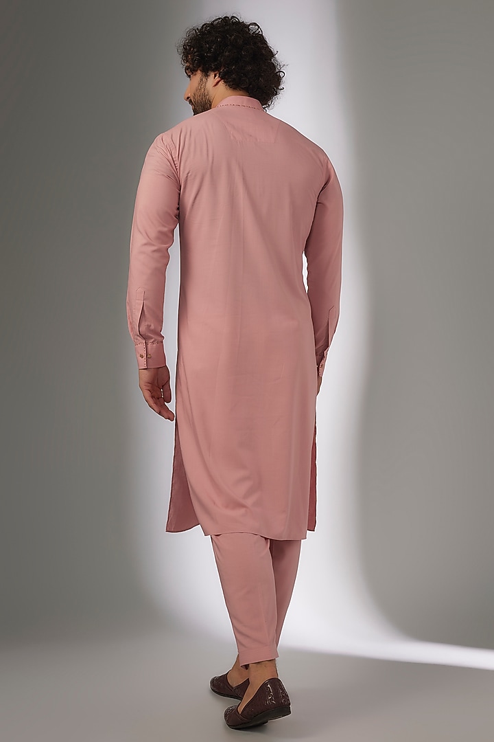 Peach Pink Fine Ruby Cotton Embroidered Kurta Set by AJAY KMR at Pernia's Pop Up Shop