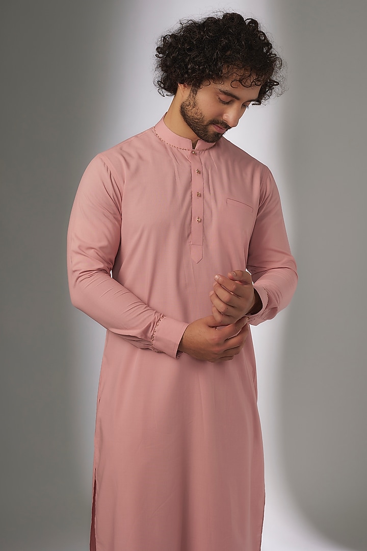 Peach Pink Fine Ruby Cotton Embroidered Kurta Set by AJAY KMR at Pernia's Pop Up Shop