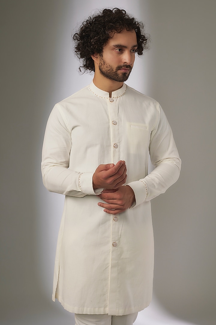 White Corduroy Kurta Set by AJAY KMR at Pernia's Pop Up Shop