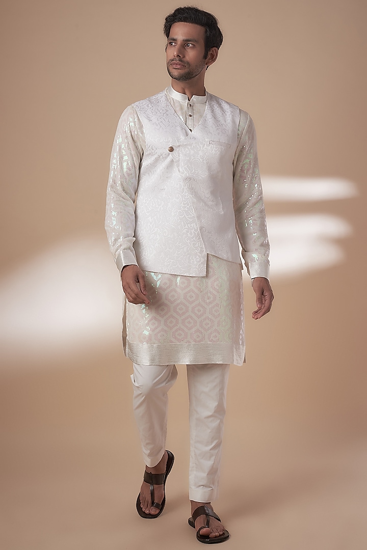 White Viscose Silk Anchor Embroidered Indowestern Set by AJAY KMR