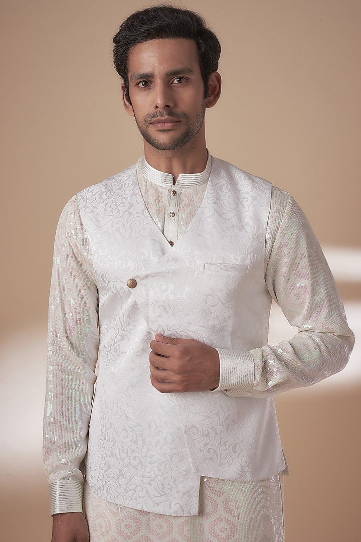 White Viscose Silk Anchor Embroidered Indowestern Set by AJAY KMR at Pernia's Pop Up Shop