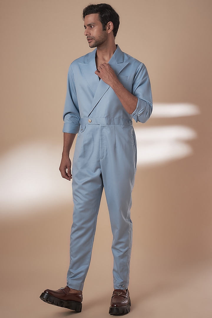 Powder Blue Blended Suiting Jumpsuit by AJAY KMR