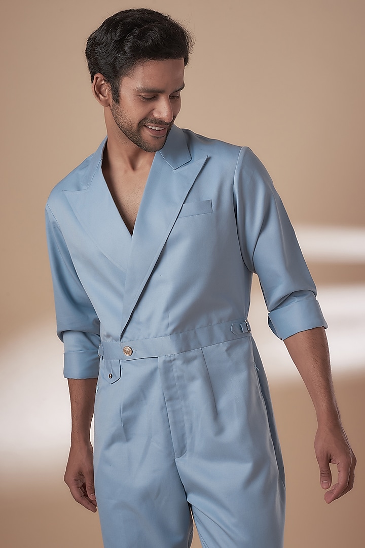 Powder Blue Blended Suiting Jumpsuit by AJAY KMR at Pernia's Pop Up Shop