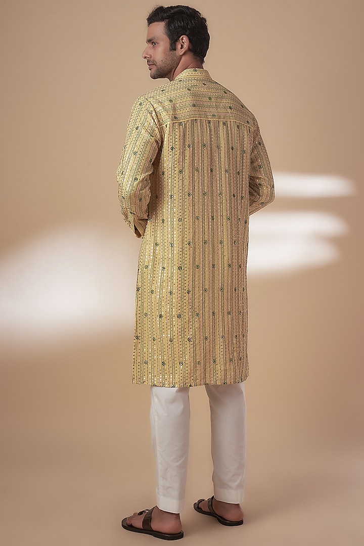 Yellow & Green Viscose Silk Abstract Printed Kurta Set by AJAY KMR at Pernia's Pop Up Shop
