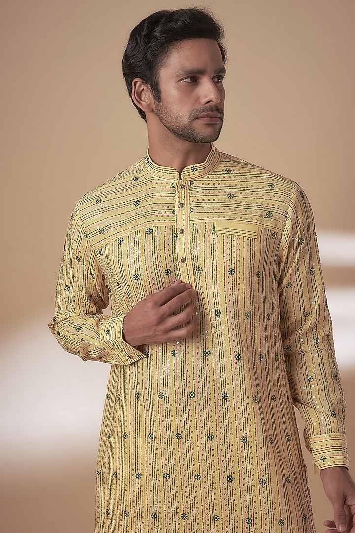 Yellow & Green Viscose Silk Abstract Printed Kurta Set by AJAY KMR at Pernia's Pop Up Shop