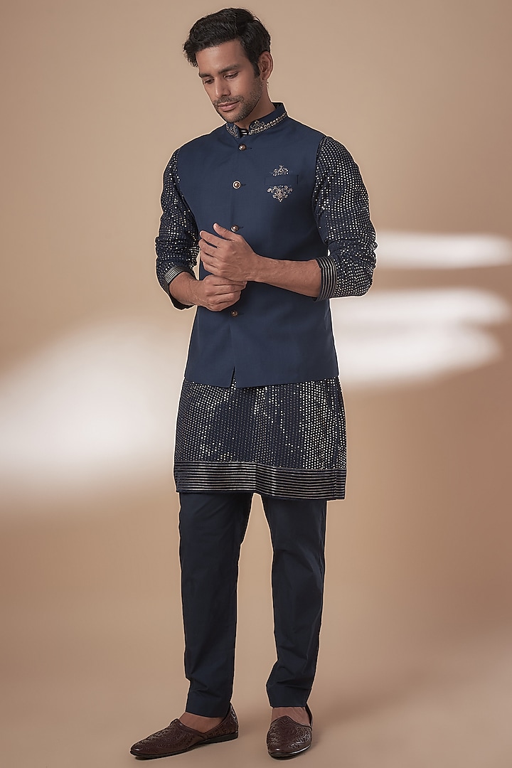 Blue Viscose Silk Nehru Jacket Set by AJAY KMR