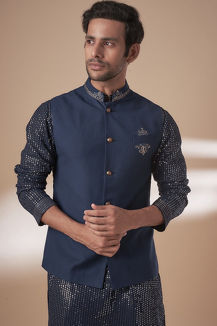 Blue Viscose Silk Nehru Jacket Set by AJAY KMR at Pernia's Pop Up Shop