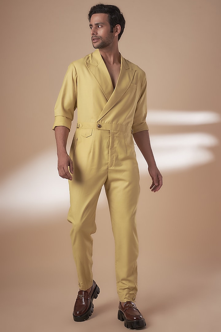 Yellow Blended Suiting Jumpsuit by AJAY KMR