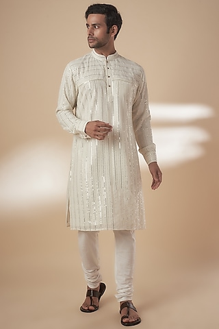 Ivory Viscose Silk Anchor Embroidered Sequins Kurta Set by AJAY KMR