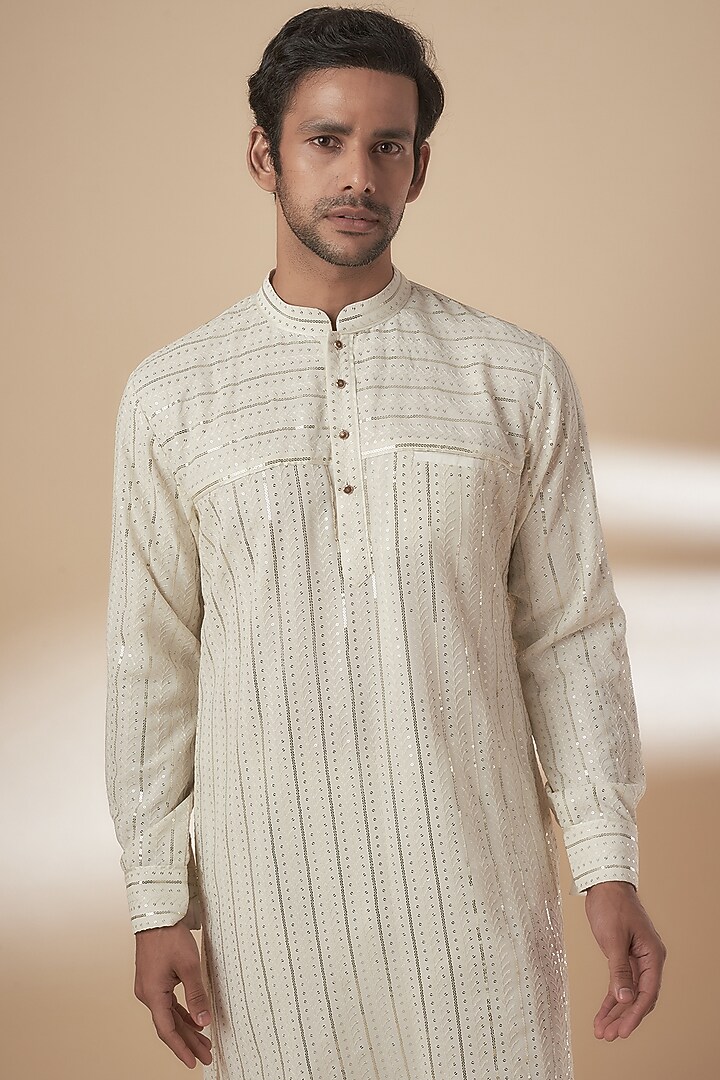 Ivory Viscose Silk Anchor Embroidered Sequins Kurta Set by AJAY KMR at Pernia's Pop Up Shop