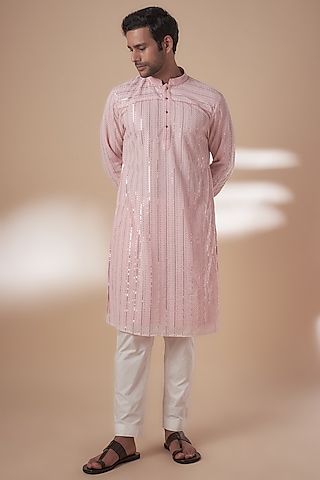 Pink Viscose Silk Anchor Embroidered Sequins Kurta Set by AJAY KMR