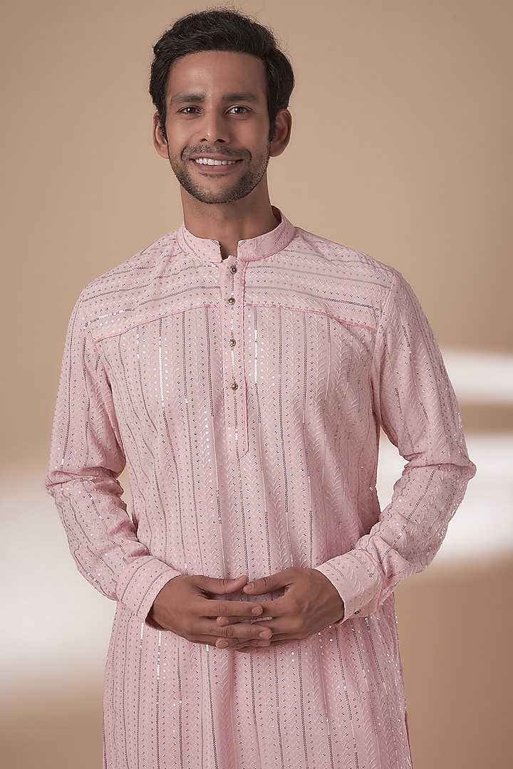 Pink Viscose Silk Anchor Embroidered Sequins Kurta Set by AJAY KMR at Pernia's Pop Up Shop