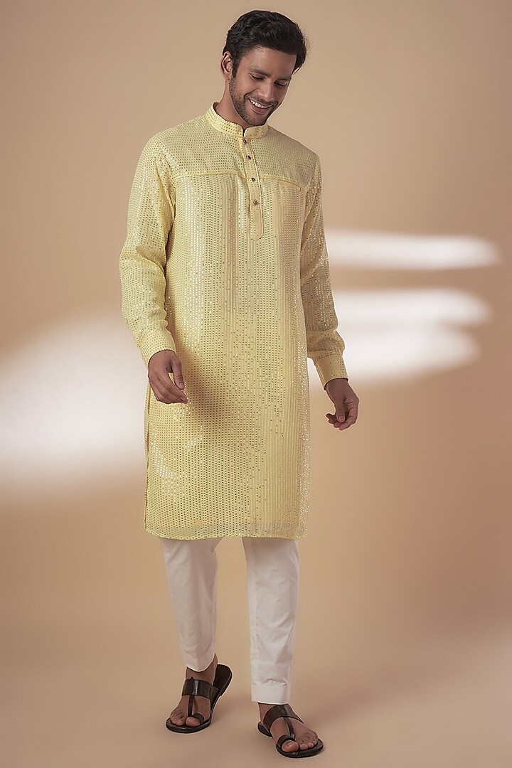 Yellow Viscose Silk Anchor Embroidered Sequins Kurta Set by AJAY KMR