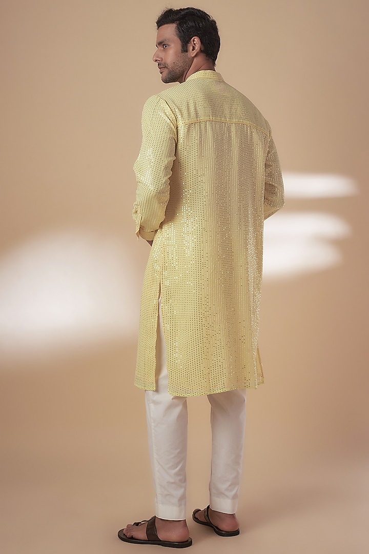 Yellow Viscose Silk Anchor Embroidered Sequins Kurta Set by AJAY KMR at Pernia's Pop Up Shop