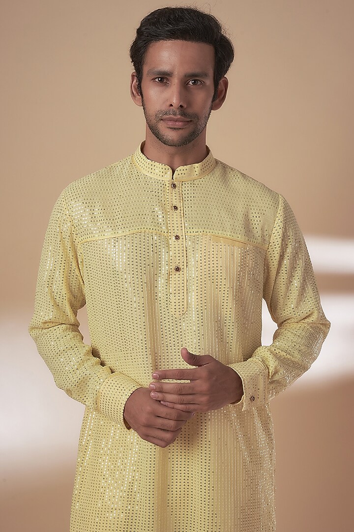 Yellow Viscose Silk Anchor Embroidered Sequins Kurta Set by AJAY KMR at Pernia's Pop Up Shop
