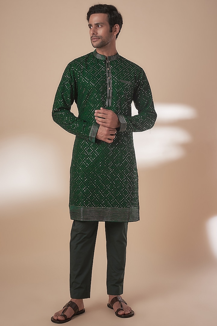 Green Viscose Silk Anchor Embroidered Sequins Kurta Set by AJAY KMR