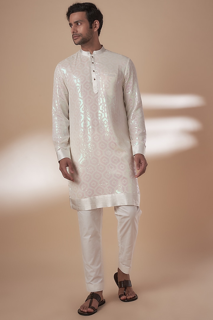 White Viscose Silk Anchor Embroidered Sequins Kurta Set by AJAY KMR