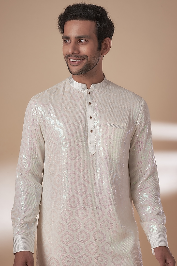 White Viscose Silk Anchor Embroidered Sequins Kurta Set by AJAY KMR at Pernia's Pop Up Shop